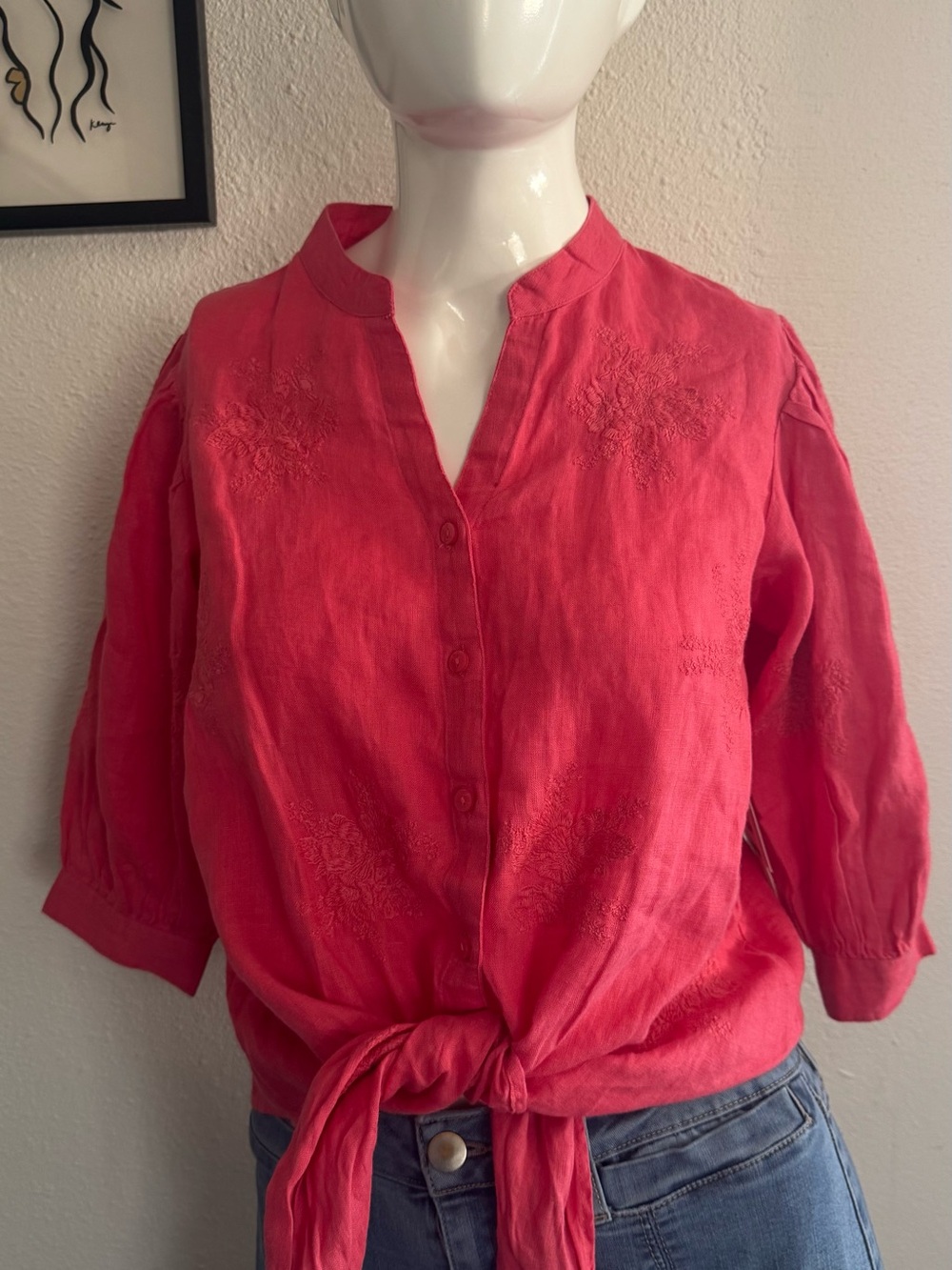 Charter Club Coral Button-Front Tie Waist Blouse 100% linen
